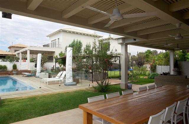 הקמת פרגולות, פרגולה עם מאוורר תקרה דשא וגינת חצר מעוצבת סביב הבריכה