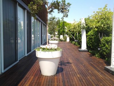 חיפוי דק סביב הבית וגינה בשילוב עציצים דקורטיבים ענקיים