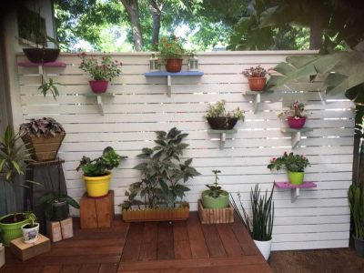 עיצוב גדר חוצצת בגינה עם עציצים ובמת עץ